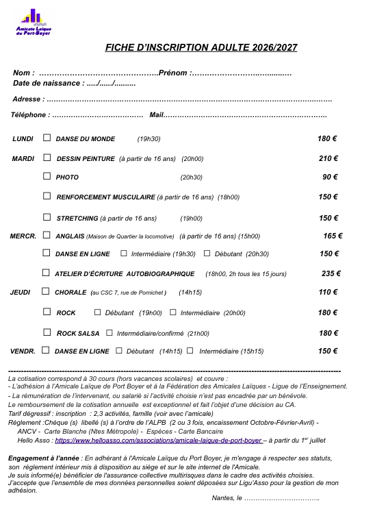 Bulletin d'inscription adulte de l'Amicale Laïque de Port-Boyer